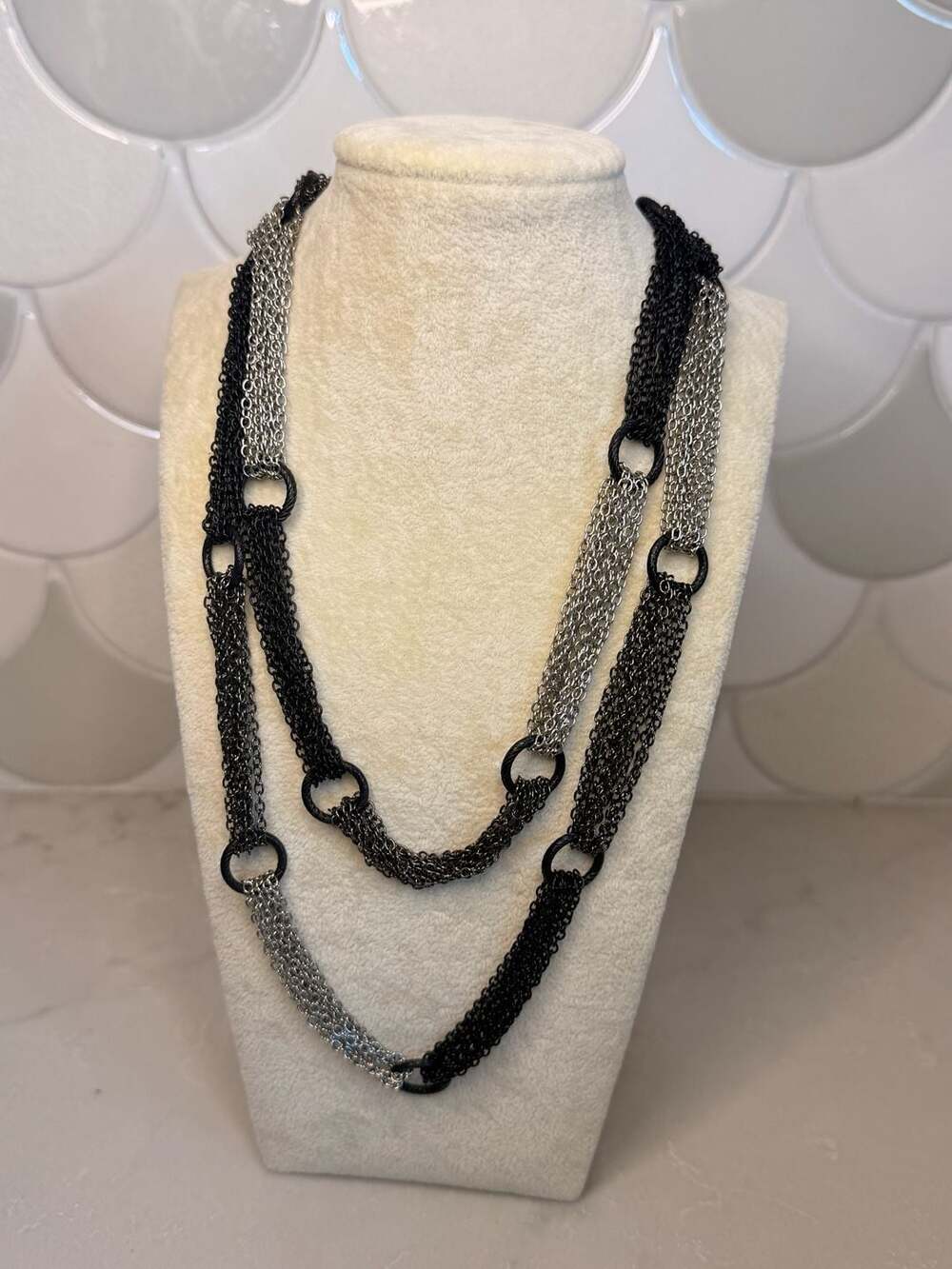 Long Multi-Strand Mixed Metal Necklace Silver and Gunmetal Black Edgy Statement